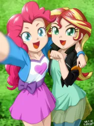 Size: 902x1200 | Tagged: safe, artist:uotapo, color edit, derpibooru import, edit, editor:overlord 2, pinkie pie, sunset shimmer, human, pony, equestria girls, g4, colored, image, jpeg, light skin, skin color edit