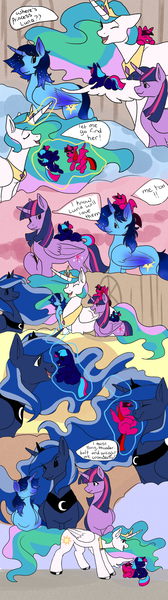 Size: 2794x10000 | Tagged: safe, derpibooru import, princess celestia, princess luna, twilight sparkle, oc, oc:blue thunder, alicorn, pony, baby, baby pony, canon x oc, female, foal, image, jpeg, male, prince, princess, shipping, straight, thundersparkle