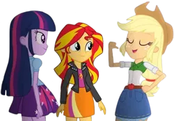 Size: 3631x2520 | Tagged: safe, derpibooru import, edit, edited screencap, editor:homersimpson1983, screencap, applejack, sunset shimmer, twilight sparkle, human, equestria girls, g4, background removed, female, image, needs more jpeg, not a vector, png, trio, trio female