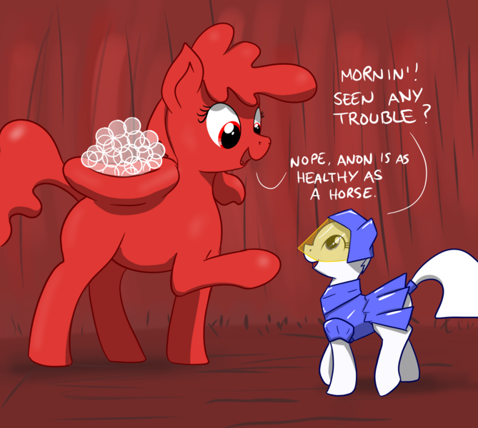 Size: 2520x2259 | Tagged: safe, artist:anonymous, artist:eels, ponified, pony, /mlp/, 4chan, armor, blood, duo, female, filly, il était une fois la vie, image, implied anon, looking at each other, mare, micro, once upon a time life, platelet, png, pun, red blood cell, size difference, white blood cell