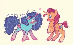 Size: 619x385 | Tagged: safe, artist:nikokatt, derpibooru import, sunny starscout, alicorn, butterfly, insect, pony, unicorn, g5, my little pony: a new generation, blushing, covered cutie mark, duo, duo female, female, heart, horn, image, jpeg, lesbian, looking at each other, looking at someone, mare, misty brightdawn, race swap, ship:sunnydawn, shipping, simple background, sunnycorn, yellow background