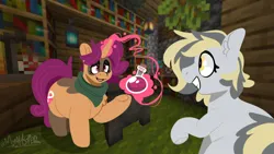 Size: 1280x720 | Tagged: safe, artist:myahster, derpibooru import, oc, oc:mystery brew, oc:totalspark, unofficial characters only, earth pony, unicorn, cauldron, fat, horn, image, magic, magic aura, minecraft, png, potion, signature, telekinesis