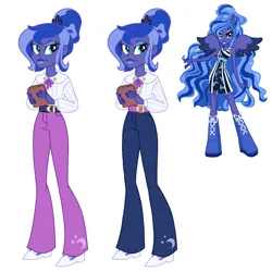 Size: 1280x1280 | Tagged: safe, artist:dazzle, derpibooru import, princess luna, equestria girls, g4, accessory, belt, black nail polish, blue eyeshadow, bun hairstyle, clothes, colored wings, concept, dress, eyeshadow, hair bun, image, lips, makeup, png, ponied up, shoulderless, simple background, spread wings, starry hair, striped dress, two toned wings, vice principal luna, wavy hair, white background, wings, zebra dress