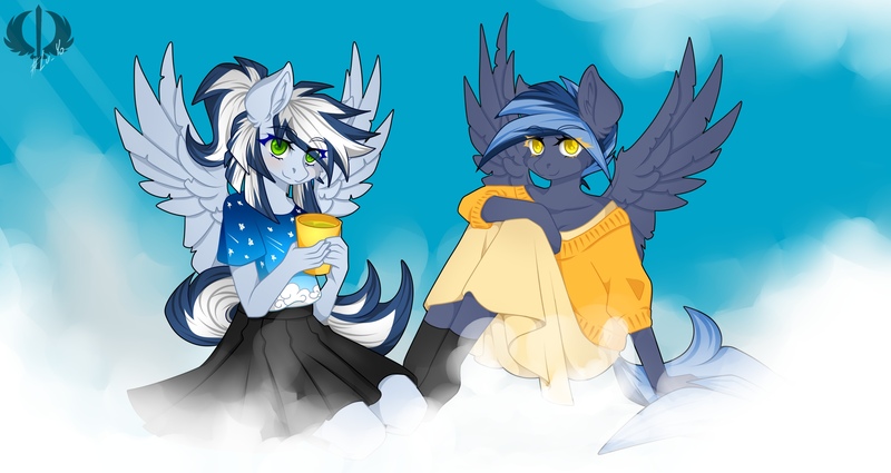 Size: 2560x1359 | Tagged: safe, artist:lyhyo, derpibooru import, oc, oc:maxi, oc:pixi feather, anthro, pegasus, cap, clothes, cloud, duo, female, hat, image, jpeg, looking at you, siblings, sisters, sitting, socks, spread wings, wings