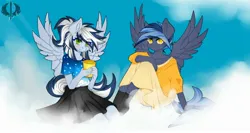 Size: 2560x1359 | Tagged: safe, artist:lyhyo, derpibooru import, oc, oc:maxi, oc:pixi feather, anthro, pegasus, cap, clothes, cloud, duo, female, hat, image, jpeg, looking at you, siblings, sisters, sitting, socks, spread wings, wings