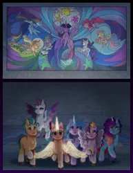 Size: 2975x3850 | Tagged: safe, artist:jdash15, derpibooru import, applejack, fluttershy, hitch trailblazer, izzy moonbow, pinkie pie, pipp petals, rainbow dash, rarity, spike, sunny starscout, twilight sparkle, twilight sparkle (alicorn), zipp storm, alicorn, dragon, earth pony, pegasus, pony, unicorn, g4, g5, my little pony: a new generation, my little pony: the movie, the art of my little pony: the movie, apple, apple tree, applejack (g5), applejack's hat, book, cowboy hat, deleted scene, eyes closed, female, fluttershy (g5), flying, food, hat, horn, image, jpeg, looking at you, mane five, mane seven, mane six, mane six (g5), mane stripe sunny, mare, misty brightdawn, mobile phone, moon, open mouth, phone, pinkie pie (g5), pointy ponies, quill, race swap, rainbow dash (g5), rarity (g5), rebirth misty, smartphone, smiling, spread wings, stained glass, stained glass effect, sun, sunnycorn, tree, twilight sparkle (g5), wings