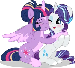 Size: 3859x3500 | Tagged: safe, artist:limedazzle, derpibooru import, rarity, twilight sparkle, twilight sparkle (alicorn), alicorn, pony, alternate design, alternate hairstyle, female, hug, image, lesbian, png, ship:rarilight, shipping, simple background, snuggling, transparent background, vector