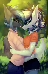 Size: 1390x2160 | Tagged: safe, artist:elektra-gertly, derpibooru import, oc, oc:maxi, oc:pixi feather, anthro, pegasus, belly, breasts, clothes, female, hug, image, jpeg, siblings, sisters, smiling, tree, wings