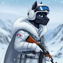 Size: 1024x1024 | Tagged: safe, ai content, derpibooru import, generator:google imagen 3.0, machine learning generated, prompter:zerowinger, anthro, earth pony, ak-47, assault rifle, cape, clothes, cobra the enemy, cosplay, costume, fur collar, g.i. joe, goggles, gun, helmet, image, jpeg, male, rifle, ski mask, snow, snow serpent, solo, trooper, weapon, winter outfit