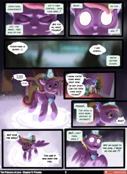 Size: 3541x4846 | Tagged: safe, artist:angusdra, artist:lummh, derpibooru import, princess cadance, princess celestia, prismia, alicorn, pony, comic:the princess of love, g4, absurd resolution, blank eyes, blurry background, comic, crown, female, floating, glow, glowing eyes, glowing horn, hoof shoes, horn, image, jewelry, magic, mare, necklace, pendant, peytral, png, princess shoes, regalia, speech bubble, teen princess cadance, telepathy, thought bubble, wings, younger