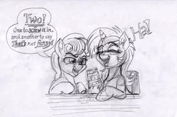 Size: 3281x2177 | Tagged: safe, artist:ciaran, derpibooru import, bon bon, lyra heartstrings, sweetie drops, earth pony, pony, unicorn, g4, alcohol, beer, bubble, chair, derpibooru exclusive, dialogue, drink, eyebrows, eyebrows visible through hair, female, foam, hoof hold, horn, image, joke, laughing, lesbian, looking at each other, looking at someone, looking at something, lyrabon, mare, open mouth, pencil drawing, png, punchline, shipping, simple background, sitting, smiling, spill, spilled drink, table, talking, traditional art, underhoof, white background