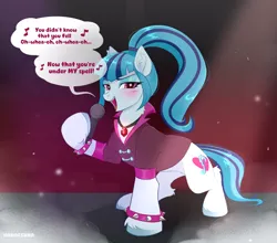 Size: 3390x2985 | Tagged: safe, alternate version, artist:kanaeshka, derpibooru import, sonata dusk, ponified, earth pony, pony, bedroom eyes, blushing, clothes, cute, derpibooru exclusive, dust, ear fluff, earth pony sonata dusk, gem, image, jewelry, long tail, looking at you, magnetic hooves, microphone, necklace, open mouth, open smile, png, ponytail, rainbow rocks 10th anniversary, singer, singing, siren gem, smiling, smiling at you, smoke, solo, sparkly eyes, speech bubble, tail, talking to viewer, wingding eyes