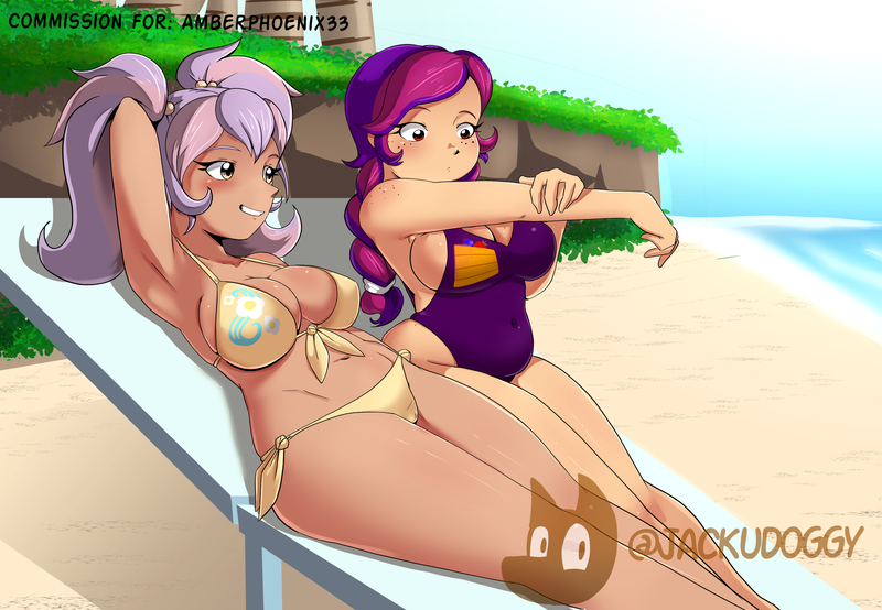 Size: 2508x1736 | Tagged: suggestive, artist:jackudoggy, derpibooru import, oc, oc:daisy wave, oc:sour berry shake, unofficial characters only, human, beach, big breasts, bikini, blushing, boob freckles, breasts, butt freckles, cameltoe, chest freckles, chubby, clothes, cutie mark, cutie mark on clothes, freckles, humanized, humanized oc, image, large butt, one-piece swimsuit, palm tree, plump, png, ponytail, shoulder freckles, swimsuit, tan skin, tree, water