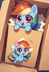 Size: 832x1216 | Tagged: safe, ai content, derpibooru import, machine learning generated, prompter:vtaviscratch, rainbow dash, box, cardboard box, chibi, cute, dashabetes, image, jpeg, packaging, peeking