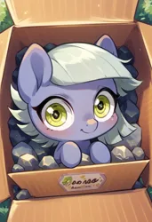 Size: 832x1216 | Tagged: safe, ai content, derpibooru import, machine learning generated, prompter:vtaviscratch, limestone pie, box, cardboard box, chibi, cute, image, jpeg, limabetes, peeking, rock