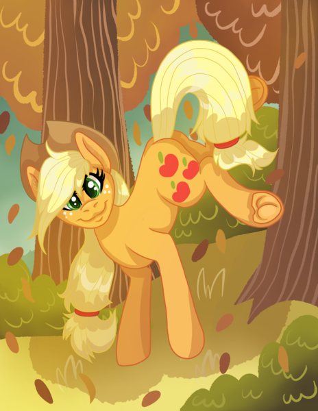 Size: 2550x3300 | Tagged: safe, artist:annuthecatgirl, derpibooru import, applejack, earth pony, pony, applebutt, autumn, bucking, butt, frog (hoof), image, looking at you, png, solo, underhoof