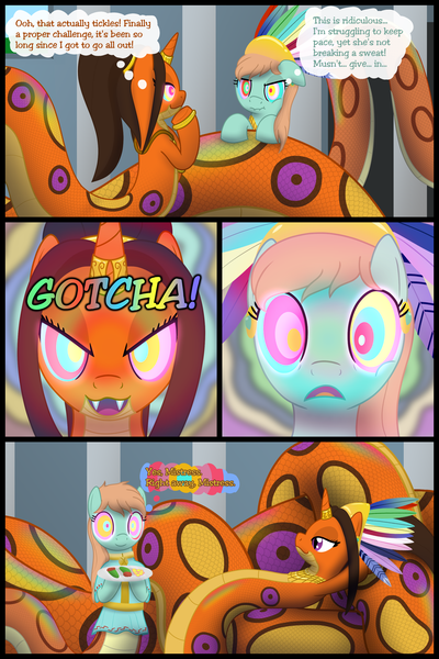 Size: 2000x3000 | Tagged: questionable, artist:mightyshockwave, derpibooru import, oc, oc:chieftess muyal, oc:lumo, unofficial characters only, lamia, original species, coils, comic, fight, image, mind control, png, thought bubble