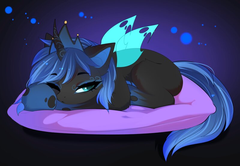 Size: 4096x2837 | Tagged: safe, artist:empress-twilight, ponerpics import, oc, unofficial characters only, changeling, pony, abstract background, changeling oc, female, image, jpeg, lying down, mare, one eye closed, pillow