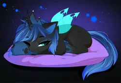 Size: 4096x2837 | Tagged: safe, artist:empress-twilight, ponerpics import, oc, unofficial characters only, changeling, pony, abstract background, changeling oc, female, image, jpeg, lying down, mare, one eye closed, pillow