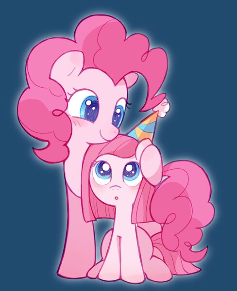 Size: 1666x2048 | Tagged: safe, alternate version, artist:夏天就要吃冰糕, derpibooru import, pinkie pie, earth pony, pony, :o, blue background, blushing, dark blue background, female, filly, filly pinkie pie, foal, hat, image, jpeg, mare, open mouth, party hat, pinkamena diane pie, self paradox, simple background, sitting, smiling, time paradox, younger