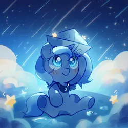 Size: 2048x2048 | Tagged: safe, artist:夏天就要吃冰糕, derpibooru import, princess luna, alicorn, pony, blushing, cartographer's cap, cloud, female, filly, filly luna, foal, gradient background, hat, image, jpeg, paper boat, rain, sitting, solo, spread legs, spread wings, spreading, stars, wings, woona, younger