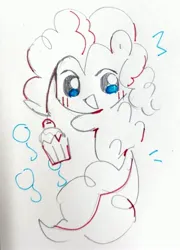 Size: 2156x3000 | Tagged: safe, artist:夏天就要吃冰糕, derpibooru import, pinkie pie, earth pony, pony, cupcake, female, filly, foal, food, image, jpeg, simple background, sketch, solo, traditional art, white background