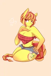 Size: 1365x2048 | Tagged: suggestive, artist:mscolorsplash, derpibooru import, oc, unofficial characters only, anthro, earth pony, bandana, boob freckles, braless, breasts, chest freckles, cleavage, clothes, colored pupils, daisy dukes, female, floating heart, freckles, gradient arms, hand on chest, heart, image, lidded eyes, orange background, patreon, patreon reward, png, shorts, shoulder freckles, simple background, sitting, solo, solo female