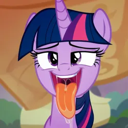 Size: 4096x4096 | Tagged: suggestive, ai content, anonymous prompter, machine learning generated, twilight sparkle, pony, unicorn, absurd resolution, drool, drool string, generator:pony diffusion v6 xl, generator:purplesmart.ai, image, lidded eyes, long tongue, outdoors, png, salivating, show accurate, solo, tongue out