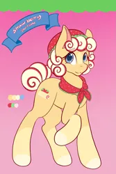 Size: 1365x2048 | Tagged: safe, artist:mscolorsplash, derpibooru import, oc, oc:strawberry shortcake, ponified, unofficial characters only, earth pony, pony, adoptable, cap, coat markings, eyebrows, eyebrows visible through hair, female, gradient background, hat, image, mare, png, raised hoof, shawl, socks (coat marking), solo