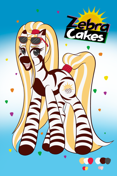 Size: 1365x2048 | Tagged: safe, artist:mscolorsplash, derpibooru import, oc, oc:zebra cakes, ponified, unofficial characters only, pony, zebra, adoptable, colored pupils, gradient background, hair tie, image, open mouth, open smile, png, smiling, solo, sunglasses, sunglasses on head, tail tie, zebra oc