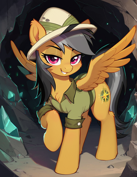 Size: 1000x1296 | Tagged: safe, ai content, derpibooru import, machine learning generated, prompter:ilager, prompter:lagerai, stable diffusion, daring do, pegasus, pony, g4, cave, generator:ponydiffusion, image, lidded eyes, looking at you, looking back, looking back at you, png, raised hoof, smiling, smiling at you, solo, spread wings, wings