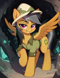 Size: 1000x1296 | Tagged: safe, ai content, derpibooru import, machine learning generated, prompter:lagerai, stable diffusion, daring do, pegasus, pony, g4, cave, generator:ponydiffusion, image, lidded eyes, looking at you, looking back, looking back at you, png, raised hoof, smiling, smiling at you, solo, spread wings, wings