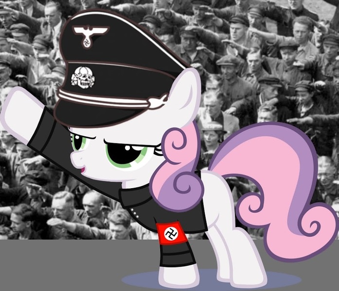 Size: 887x764 | Tagged: safe, editor:dpr, sweetie belle, pony, unicorn, female, filly, image, irl, jpeg, my little pony, nazi, nazi salute, photo, ponies in real life