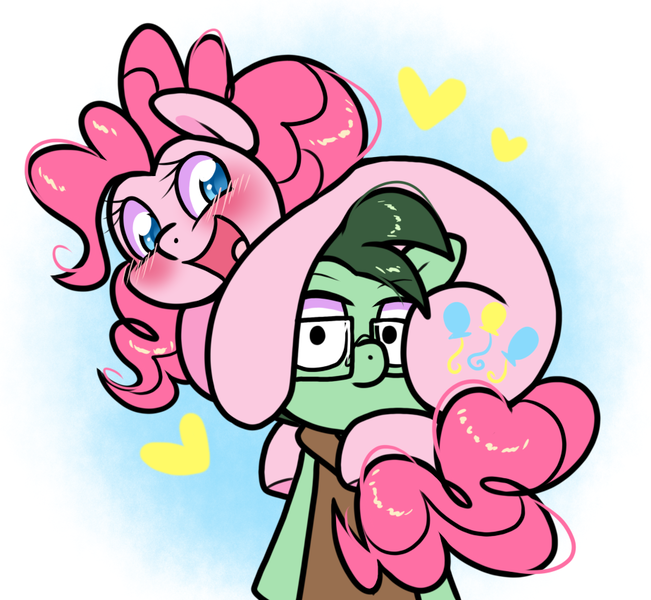 Size: 924x852 | Tagged: safe, artist:paperbagpony, derpibooru import, pinkie pie, oc, oc:dimbulb, glasses, hug, image, looking at you, png