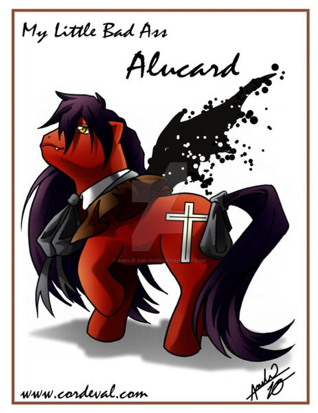 Size: 1024x1326 | Tagged: safe, artist:amelie-ami-chan, derpibooru import, ponified, pony, undead, vampire, series:my little bad ass, 2010, alucard, bow, deviantart watermark, fangs, hellsing, image, jpeg, male, obtrusive watermark, raised hoof, simple background, solo, stallion, tail, tail bow, watermark, white background