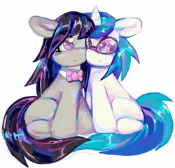 Size: 2048x1962 | Tagged: safe, artist:funnyhat12, derpibooru import, octavia melody, vinyl scratch, earth pony, pony, unicorn, g4, bangs, blush lines, blushing, bowtie, duo, ear fluff, female, glasses, heart, holding tails, horn, image, jpeg, lesbian, looking at someone, mare, octavia's bowtie, scratchtavia, shipping, signature, simple background, sitting, sitting together, smiling, vinyl's glasses, white background