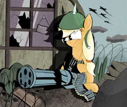 Size: 1214x1018 | Tagged: safe, artist:caralowhigh, derpibooru import, applejack, broken window, gun, helmet, image, minigun, plane, png, ponyville, solo, war, weapon, window