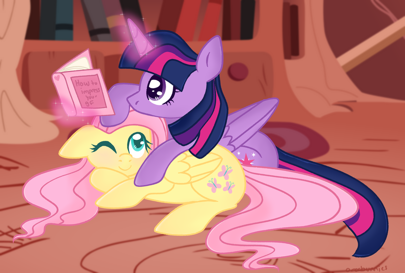 Size: 2898x1952 | Tagged: safe, artist:orcabunnies, derpibooru import, fluttershy, twilight sparkle, twilight sparkle (alicorn), alicorn, pegasus, pony, g4, book, colored pupils, cuddling, female, golden oaks library, high res, image, lesbian, library, lying down, mare, png, prone, reading, ship:twishy, shipping