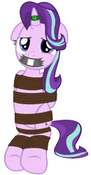 Size: 2000x3838 | Tagged: safe, artist:cardshark777, derpibooru import, starlight glimmer, pony, unicorn, g4, bondage, bound and gagged, digital art, eyelashes, female, floppy ears, front view, gag, gem, helpless, hooves, hooves behind back, horn, horn ring, image, jewelry, looking at you, magic suppression, mare, png, ring, rope, rope bondage, simple background, sitting, solo, tape, tape gag, tied up, transparent background, underhoof, wip, worried