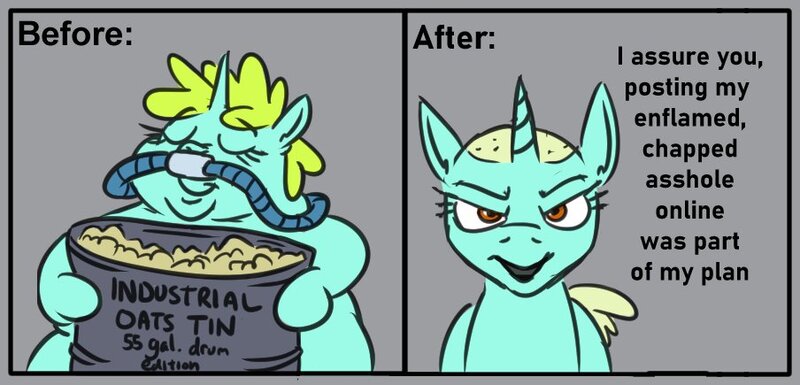 Size: 904x435 | Tagged: safe, artist:jargon scott, derpibooru import, whoa nelly, pony, unicorn, before and after, breathing tube, dialogue, female, food, horn, image, jpeg, mare, nikocado avocado, oats, shaved head, solo, talking to viewer