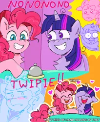 Size: 2162x2631 | Tagged: safe, artist:imsashawaybrightirl, derpibooru import, pinkie pie, twilight sparkle, twilight sparkle (alicorn), alicorn, earth pony, pony, a trivial pursuit, g4, chest fluff, cute, duo, duo female, eyes closed, female, floating heart, floppy ears, grin, heart, image, jpeg, laughing, lesbian, mare, open mouth, open smile, shipping, smiling, twinkie