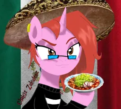 Size: 5000x4500 | Tagged: safe, artist:chakiz zukulenz, derpibooru import, oc, oc:chakiz zukulenz, unofficial characters only, pony, unicorn, brown eyes, clothes, ear piercing, food, glasses, hat, horn, image, mexican, mexican flag, mexican hat, mexico, piercing, pink pony, png, pozole, red hair, september, solo, sweater