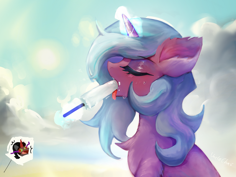 Size: 2048x1536 | Tagged: safe, artist:unclechai, derpibooru import, idw, king sombra, radiant hope, crystal pony, pony, unicorn, g4, beach, cloud, eyes closed, female, food, horn, ice cream, image, male, png, popsicle, ship:hopebra, shipping, sky, straight, summer, sun