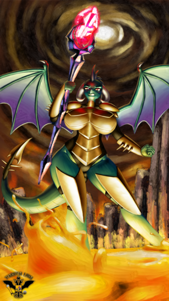 Size: 4320x7680 | Tagged: safe, alternate version, artist:tsaritsaluna, derpibooru import, princess ember, anthro, dragon, g4, armor, bloodstone scepter, breasts, busty princess ember, clothes, dragoness, female, image, lava, lizard breasts, looking at you, png, solo, wings