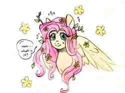 Size: 1911x1420 | Tagged: safe, artist:arxielle, artist:kiiremi, derpibooru import, fluttershy, pegasus, pony, g4, buttercup, dialogue, female, flower, flower in hair, image, implied big macintosh, implied fluttermac, implied shipping, implied straight, jpeg, looking at you, mare, simple background, smiling, smiling at you, solo, speech bubble, white background