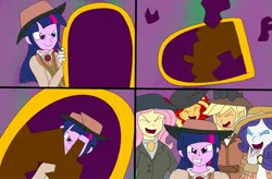 Size: 2266x1488 | Tagged: safe, artist:artsymlp12, derpibooru import, applejack, fluttershy, pinkie pie, rarity, twilight sparkle, human, equestria girls, g4, broken, comic, damage, damaged, destroyed, edwardian, evil laugh, fake applejack, fake fluttershy, fake rarity, fake sunset, fake twilight, image, jpeg, laughing, mirror, ruin, ruined, ruins