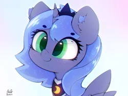 Size: 4000x3000 | Tagged: safe, artist:zokkili, derpibooru import, princess luna, alicorn, pony, g4, beanbrows, crown, cute, ear fluff, eye clipping through hair, eyebrows, eyebrows visible through hair, female, filly, filly luna, high res, horn, image, jewelry, jpeg, lunabetes, peytral, regalia, signature, smiling, solo, spread wings, wings, woona, younger