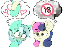 Size: 1000x760 | Tagged: safe, artist:zokkili, derpibooru import, bon bon, lyra heartstrings, sweetie drops, earth pony, pony, unicorn, g4, beanbrows, blush lines, blushing, duo, duo female, ear fluff, eyebrows, eyebrows visible through hair, female, heart, holding hooves, horn, image, jpeg, lesbian, lyrabon, mare, meme, ponified meme, shipping, simple background, smiling, sweat, sweatdrop, thought bubble, white background