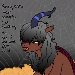 Size: 1200x1200 | Tagged: safe, artist:pony quarantine, derpibooru import, oc, oc:kaumaha ekahi, unofficial characters only, kirin, bust, dialogue, female, goth, gradient background, hair over one eye, image, jpeg, kirin oc, narrowed eyes, offscreen character, sleepy, solo, spider web