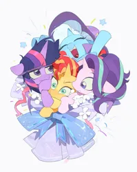 Size: 886x1115 | Tagged: safe, artist:bilidongdong, derpibooru import, starlight glimmer, sunset shimmer, trixie, twilight sparkle, twilight sparkle (alicorn), alicorn, pony, unicorn, g4, bouquet, counterparts, female, floppy ears, flower, hooves in air, horn, image, jpeg, mare, messy mane, open mouth, open smile, simple background, smiling, twilight sparkle is not amused, twilight's counterparts, unamused, white background